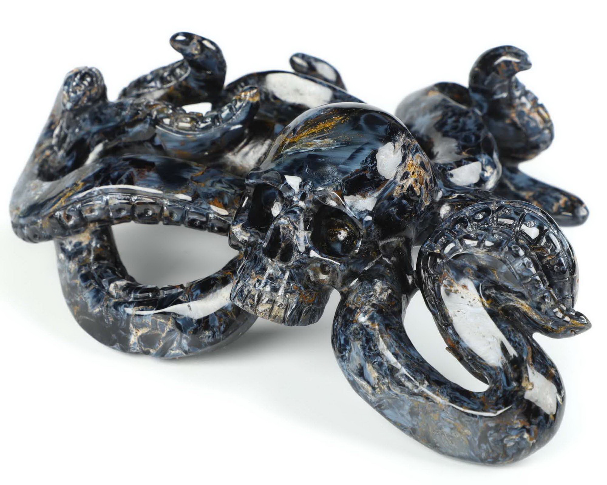 The Storm's Embrace - 5.5" Blue Gold & Red Pietersite Carved Octopus Crystal Skull, Crystal Healing